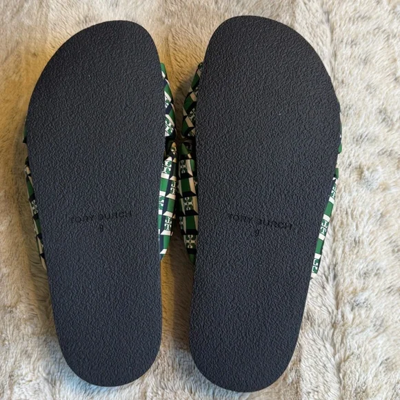 NEW Tory Burch Puffy Knotted Anatomic Slide Fabric Sandals in Geo Logo Green - Picture 9 of 9
